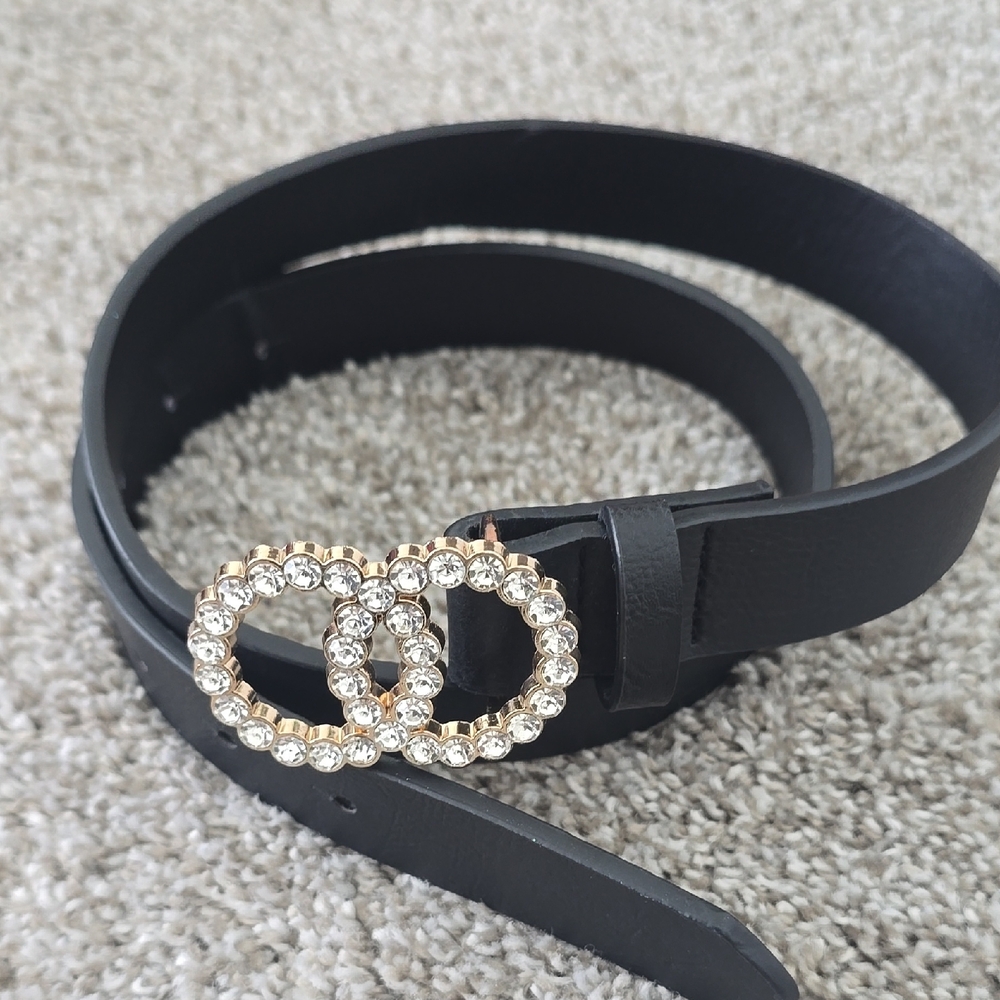 Chic Black Belt with Gold and Silver Crystal Buckle